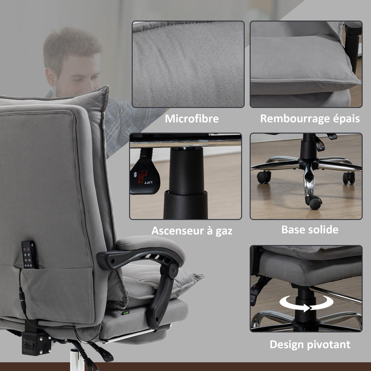 Fauteuil de bureau massant et chauffant, chaise de bureau, hauteur réglable, dossier inclinable, 66x74x121,5cm gris-7