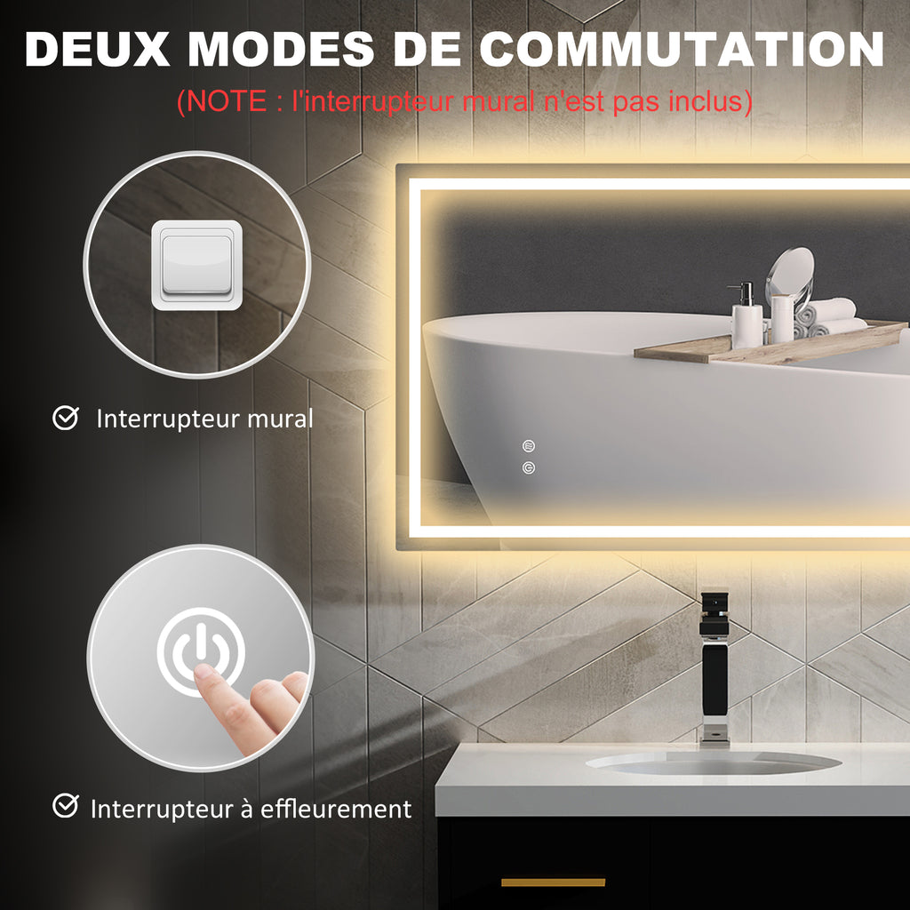 Miroir salle de bain éclairage LED miroir lumineux salle de bain mural interrupteur tactile lumière 3 couleurs 100 x 60 cm-7