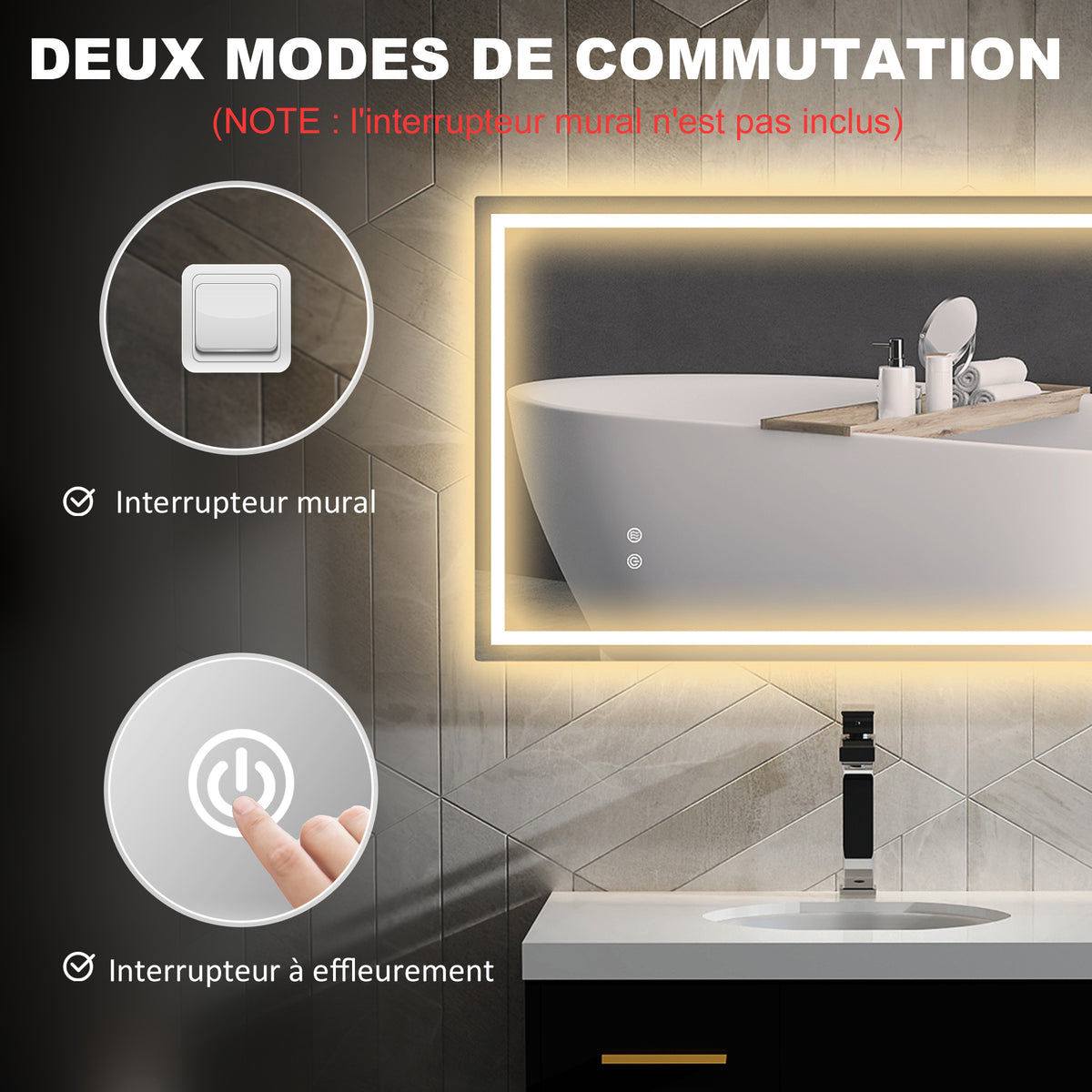 Miroir salle de bain éclairage LED miroir lumineux salle de bain mural interrupteur tactile lumière 3 couleurs 100 x 60 cm-7