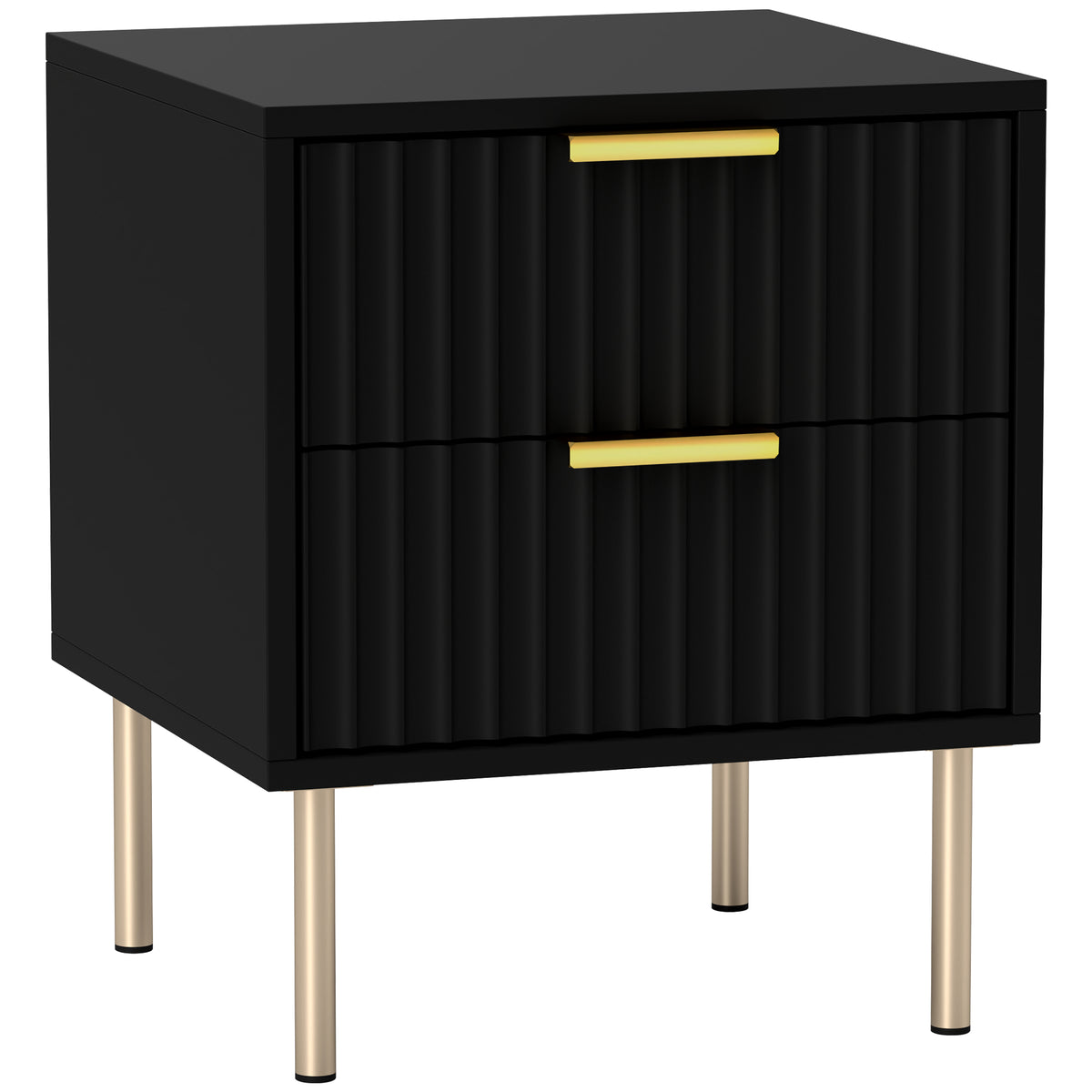 Table de chevet, table de nuit cannelée avec 2 tiroirs et pieds en acier, pour chambre à coucher, salon, noir-0