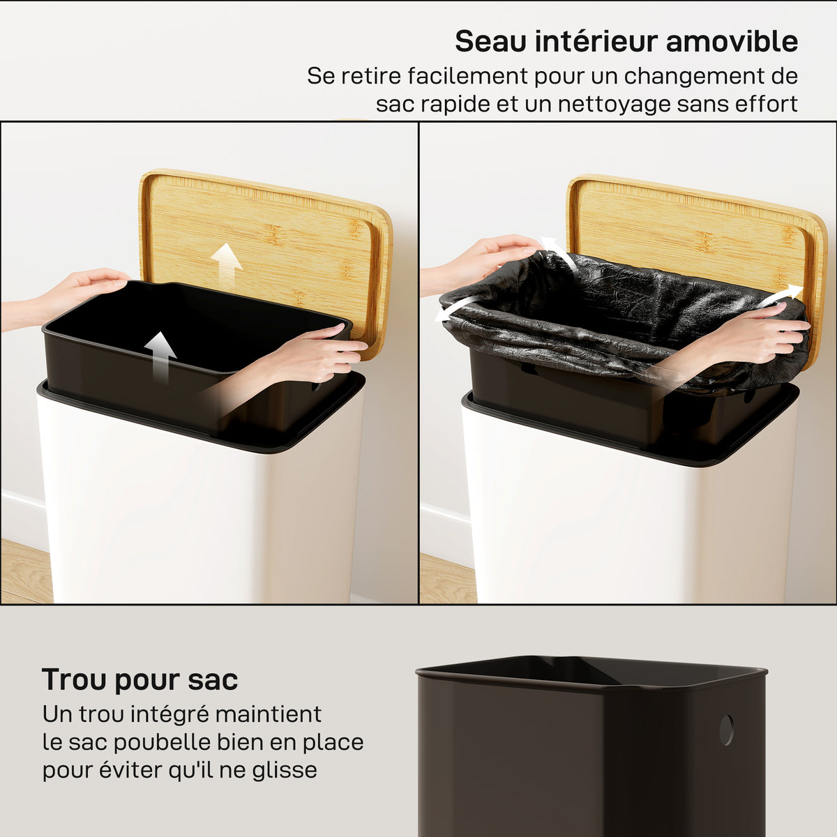 Poubelle de Cuisine 20L, Poubelle avec Pédale, Couvercle en Bambou à Fermeture Douce, Seau Intérieur Amovible, Blanc-5