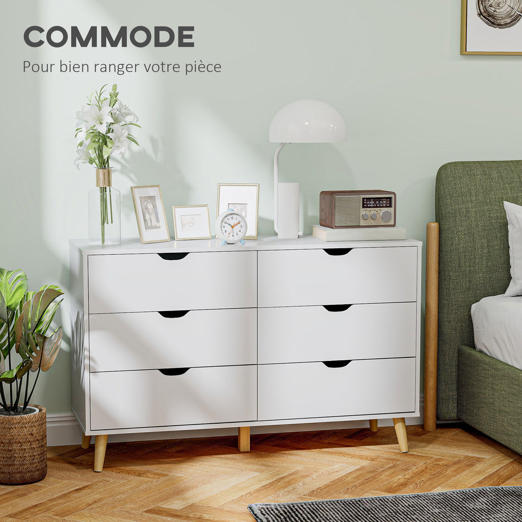 Commode 6 tiroirs meuble de rangement 5 pieds biseautés en bois  120 x 40 x 76 cm blanc-3