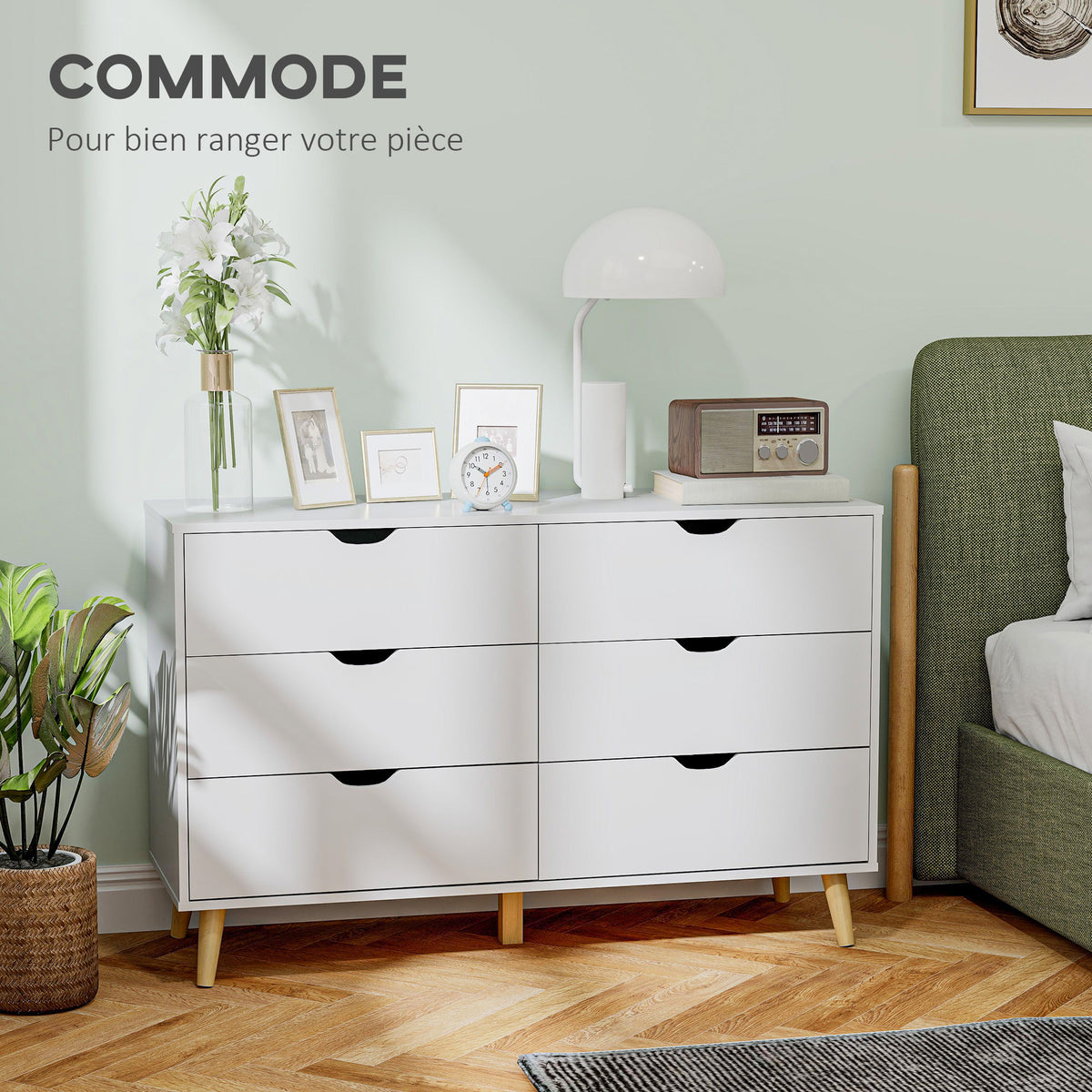 Commode 6 tiroirs meuble de rangement 5 pieds biseautés en bois  120 x 40 x 76 cm blanc-3