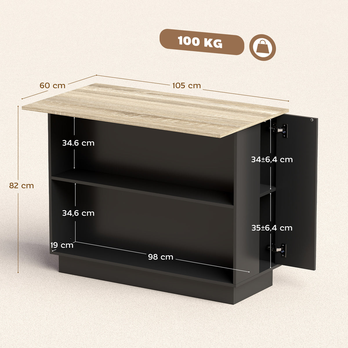 Desserte îlot de cuisine étagère réglable 2 compartiments ouverts 2 placards plan de travail effet bois 105 x 60 cm noir-2