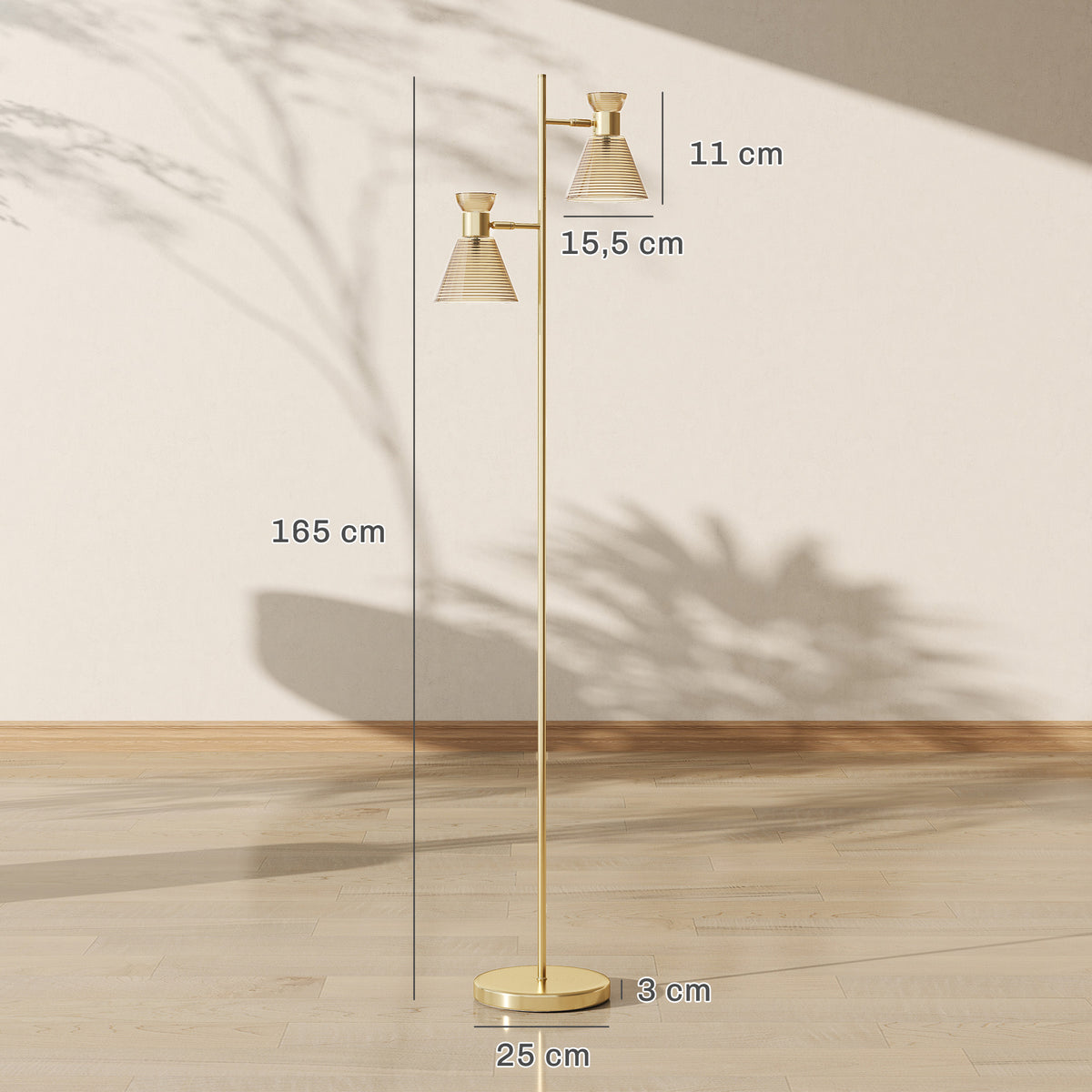 Lampadaire sur pied salon à double tête réglable, lampe sur pied, abat-jour en verre floral, 42 x 25 x 165 cm, doré-2