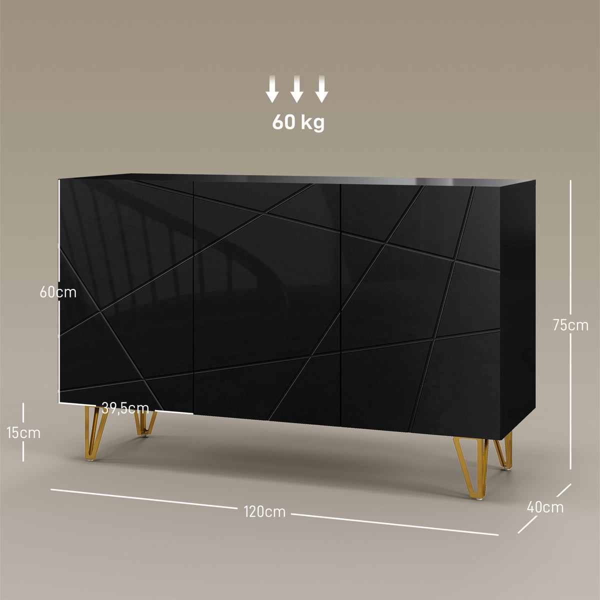 Buffet Salon, Meuble de Rangement à Haut Brillance, 3 Portes à Fermeture Douce et Étagères Réglables, 120x40x75cm, Noir-2