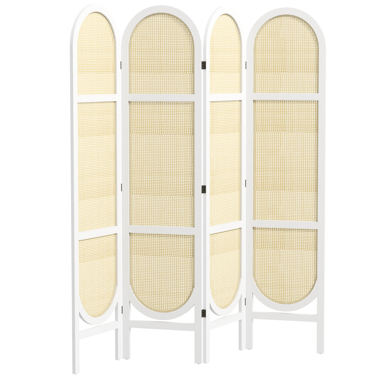 Paravent interieur en bois 4 panneaux 170 x 160 cm pliable et portable, motif tissé à la main, blanc-0