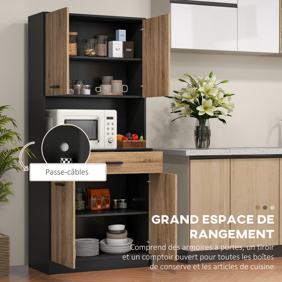 Armoire de cuisine Buffet meuble de rangement, 2 placards 4 portes 1 tiroir, passe-câbles 80L x 40P x 180H cm-3
