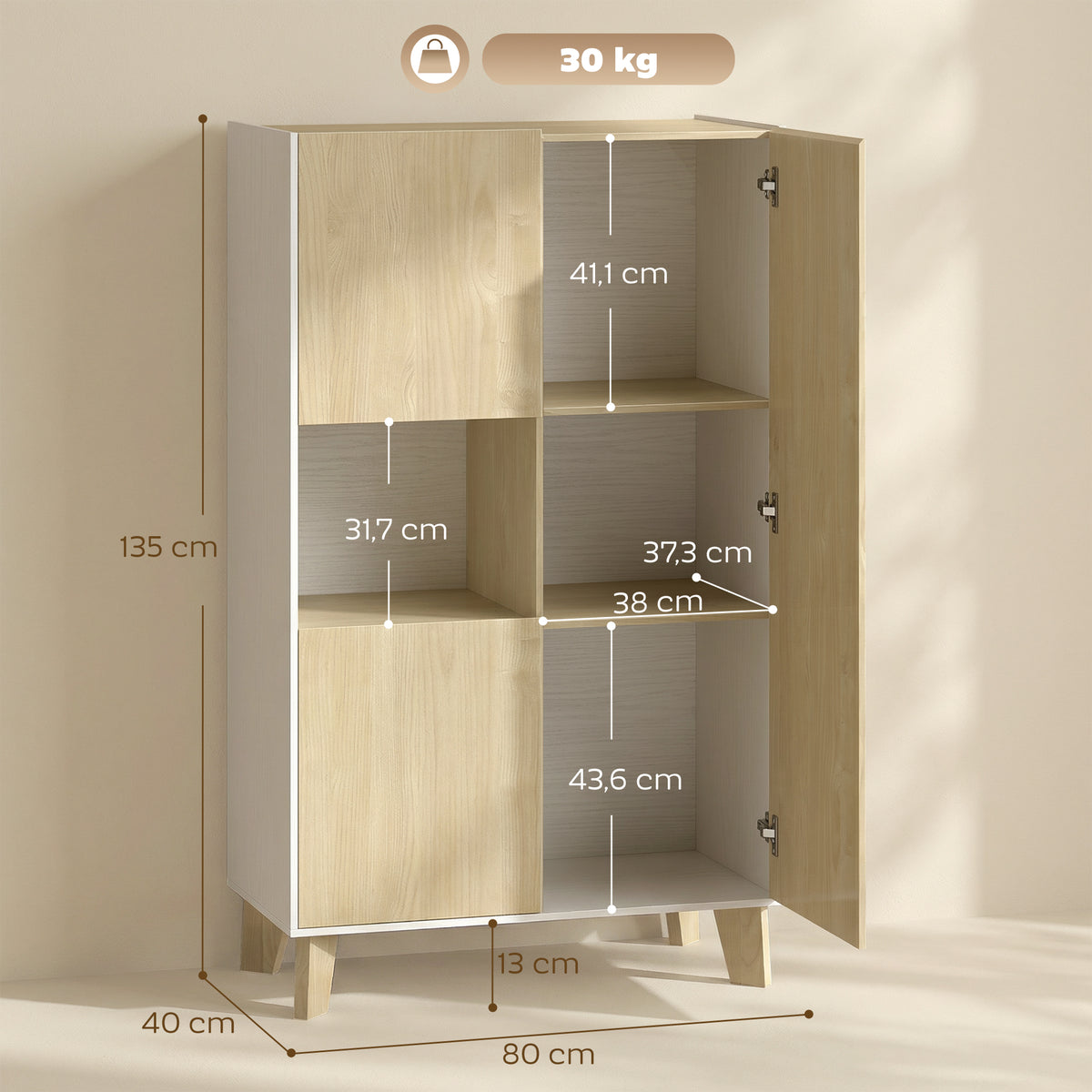 Buffet salon, meuble de rangement à 6 compartiments et portes à fermeture amortie, 80x40x135cm, blanc et bois naturel-2