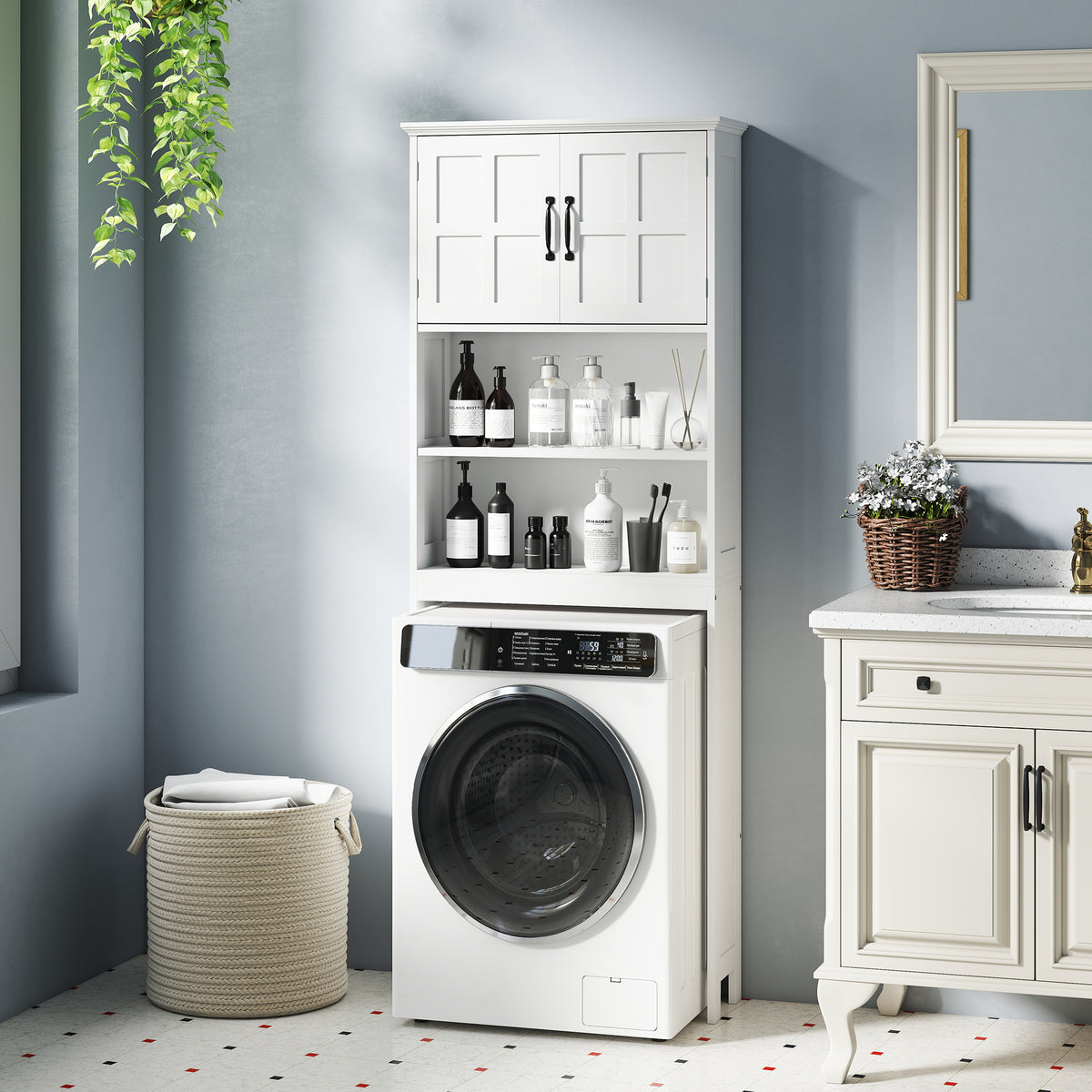 Meuble WC dessus de toilette armoire de rangement de salle de bain avec niches placard à double porte étagère réglable-8