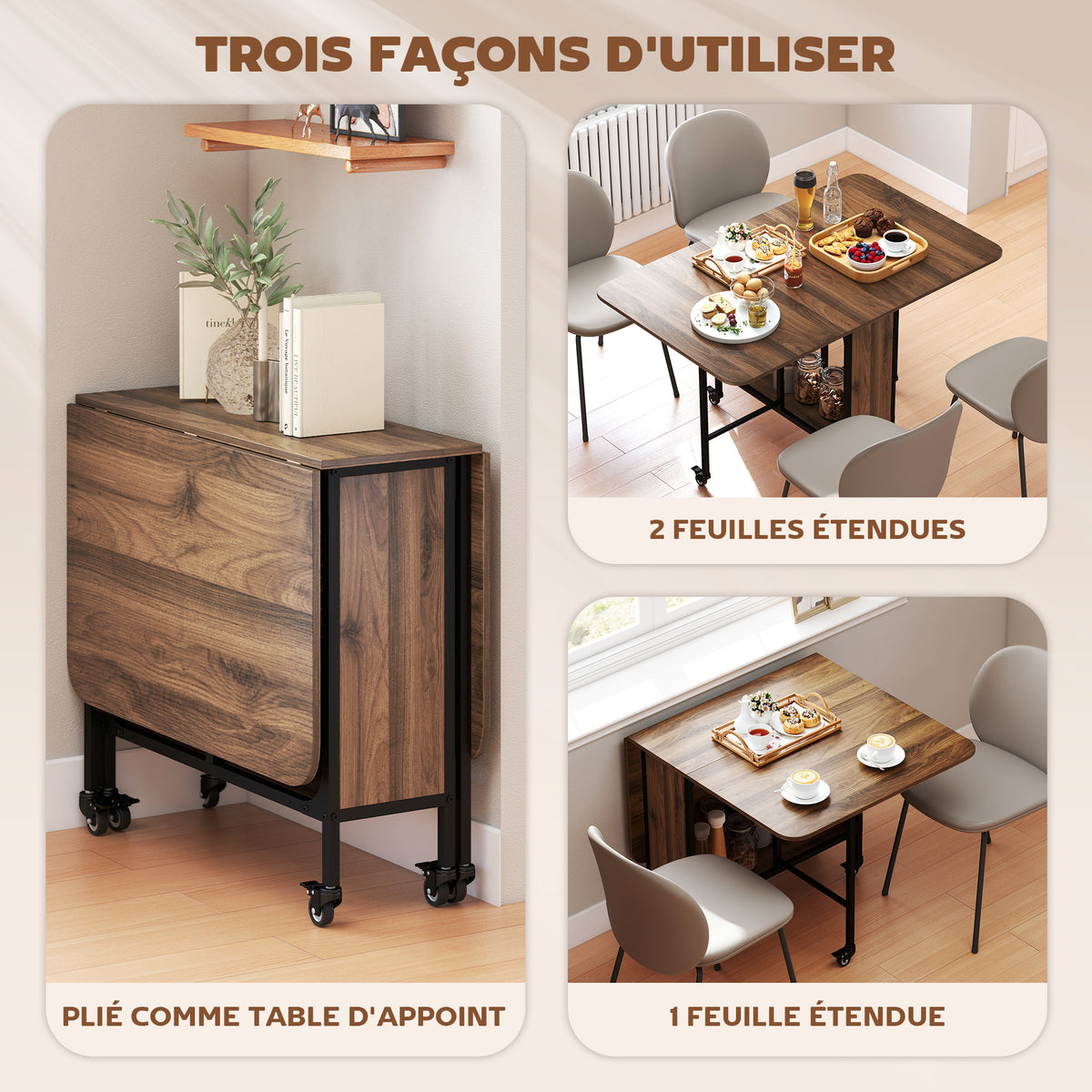 Table à manger pliante sur roulettes, table de cuisine pour 6 personnes avec étagère intégrée, 130 x 80 x 74 cm, marron-3