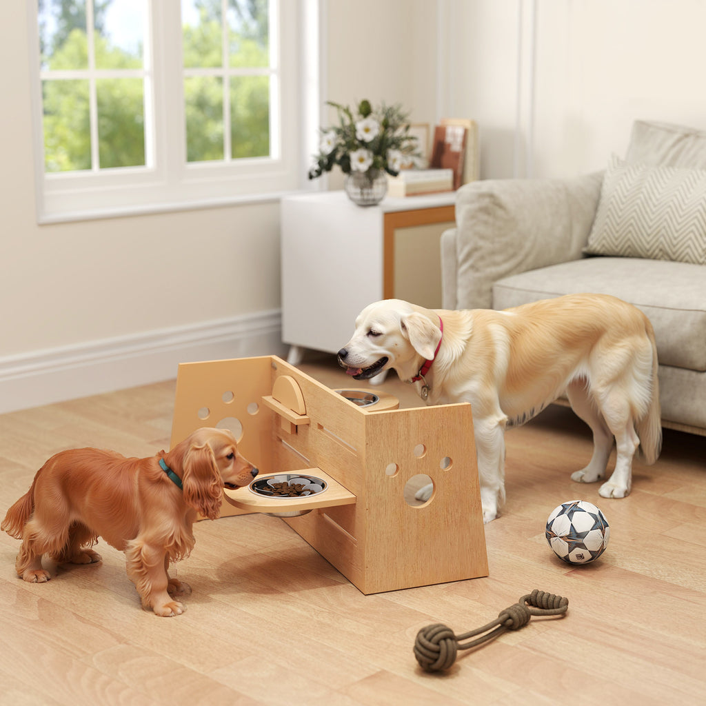 Gamelle chien surélevée de 3 hauteurs ajustables gamelle pour chien 2 bols acier inoxydable 63 x 58,5 x 40 cm chêne-1
