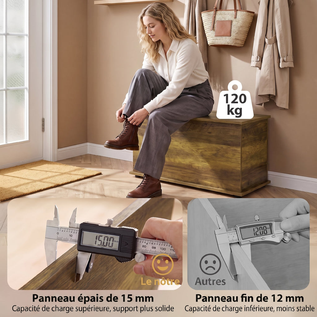Coffre de Rangement, Banc de Rangement avec Couvercle Rabattable et Charnières de Sécurité, 80 x 40 x 45 cm, Marron-5