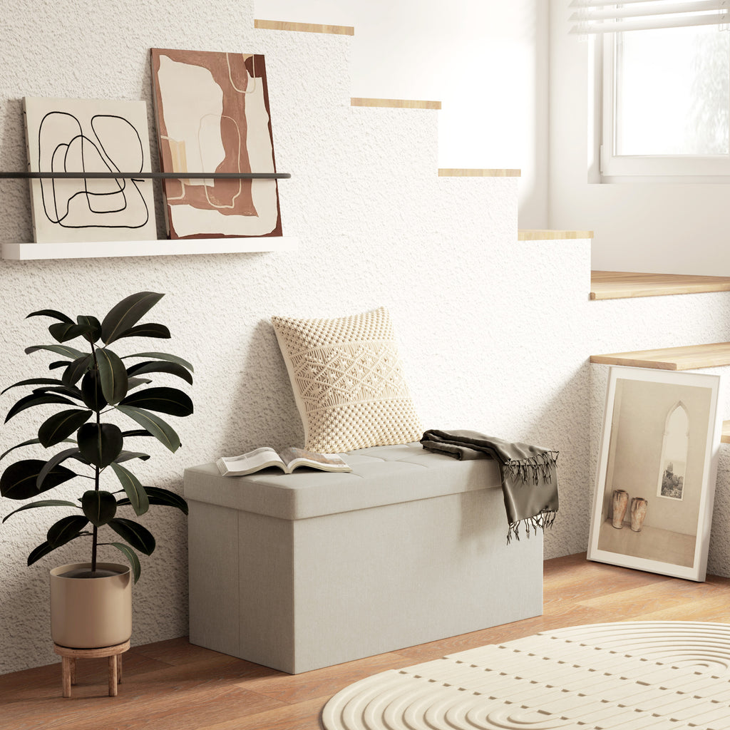 Banc de rangement pouf de rangement pliable bout de lit repose-pieds avec couvercle capitonnée 76L x 38l x 38H cm crème-9