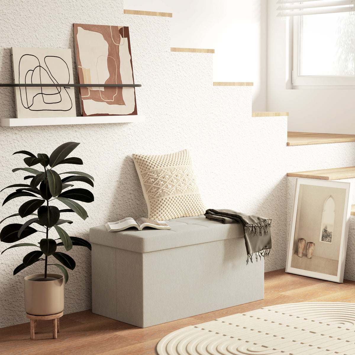 Banc de rangement pouf de rangement pliable bout de lit repose-pieds avec couvercle capitonnée 76L x 38l x 38H cm crème-9