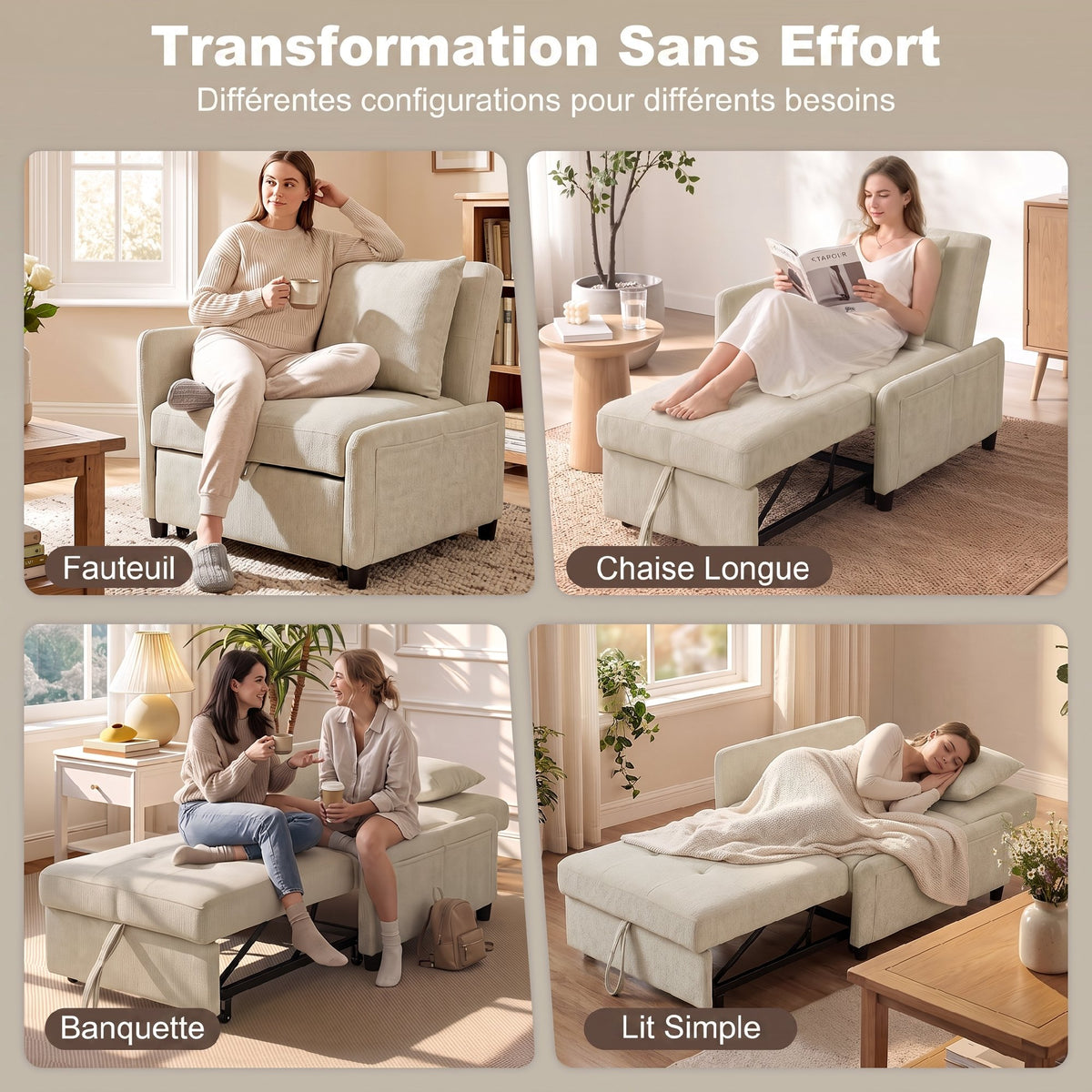 Fauteuil Convertible 1 Place, Fauteuil-Lit Clic-Clac 4 en 1 Rembourré en Chenille, Dossier Réglable, Assise Large, Beige-3