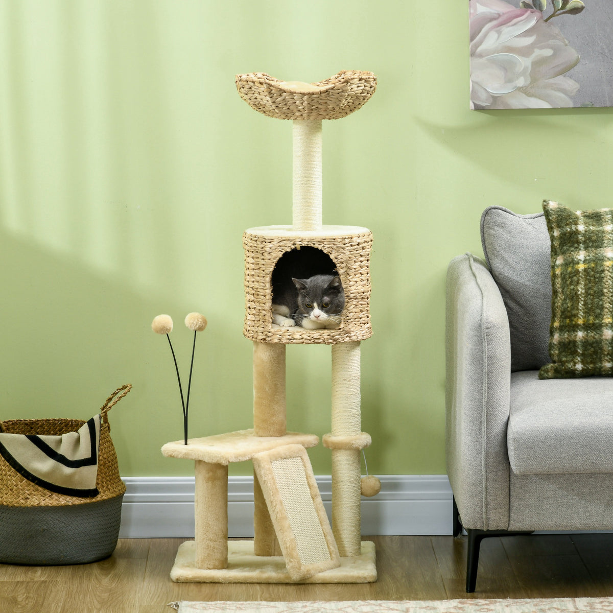 Arbre à chat hauteur 116 cm niche panier plateformes pompons en peluche et jacinthe d'eau - beige-9