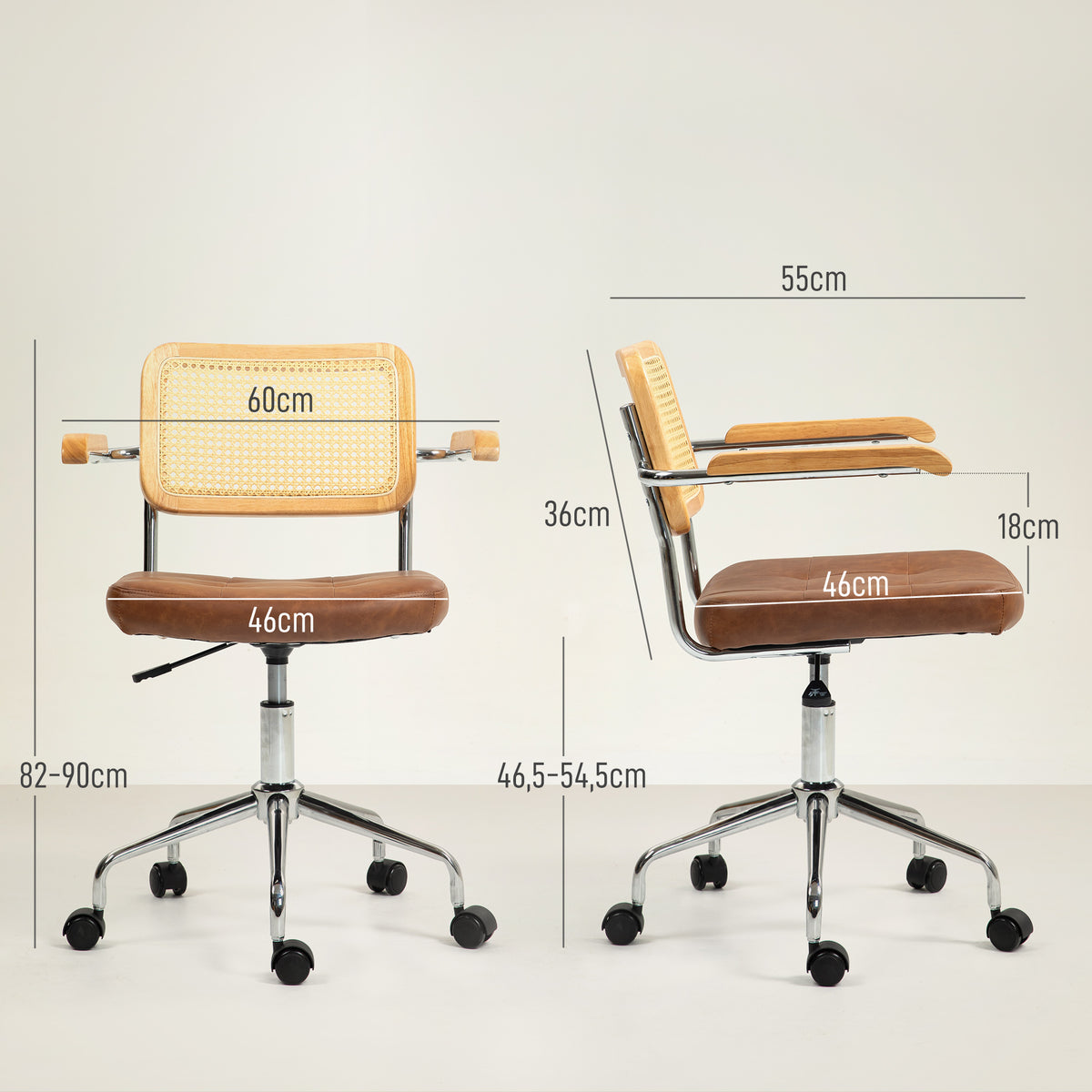 Chaise de bureau fauteuil de bureau fonction basculante hauteur réglable assise pivotante 60l x 55,5P x 82-90H cm marron-2