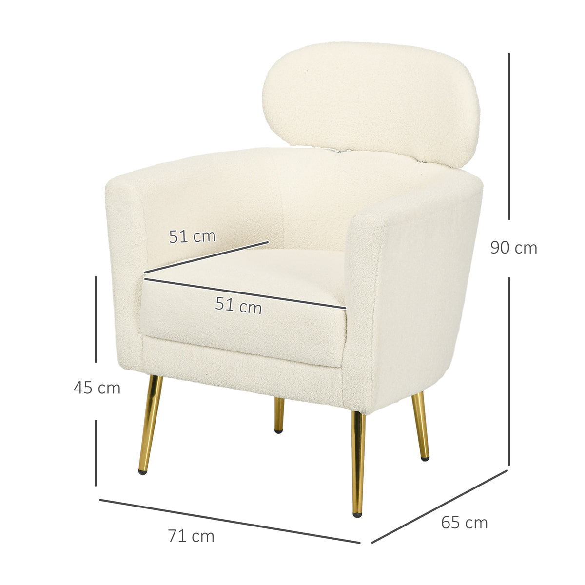 Fauteuil salon avec appuie-tête amovible, fauteuil crapaud en peluche teddy, pieds en métal, 71 x 65 x 90 cm, crème-2