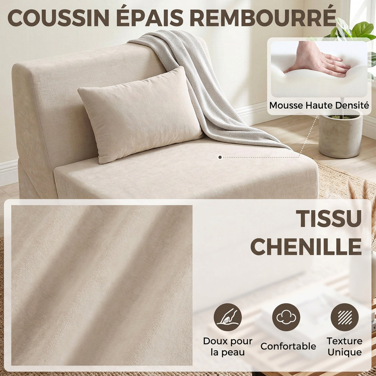 Canapé-Lit Pliant 3 en 1, Chauffeuse 1 Place Convertible en Chenille, Coussin et Dossier, Compressé Sans Montage, Beige-5