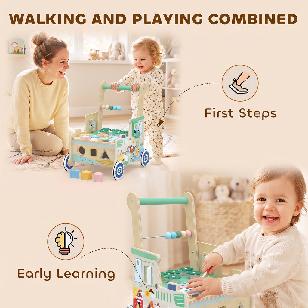 Trotteur Bebe en Bois, Chariot de Marche Bébé, Centre d'Activités, Espace de Rangement, Vert-8