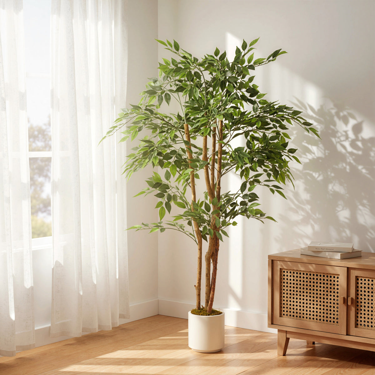 Plante artificielle intérieure 150 cm banian arbre artificiel, pot en plastique et tronc en bois massif, vert-1
