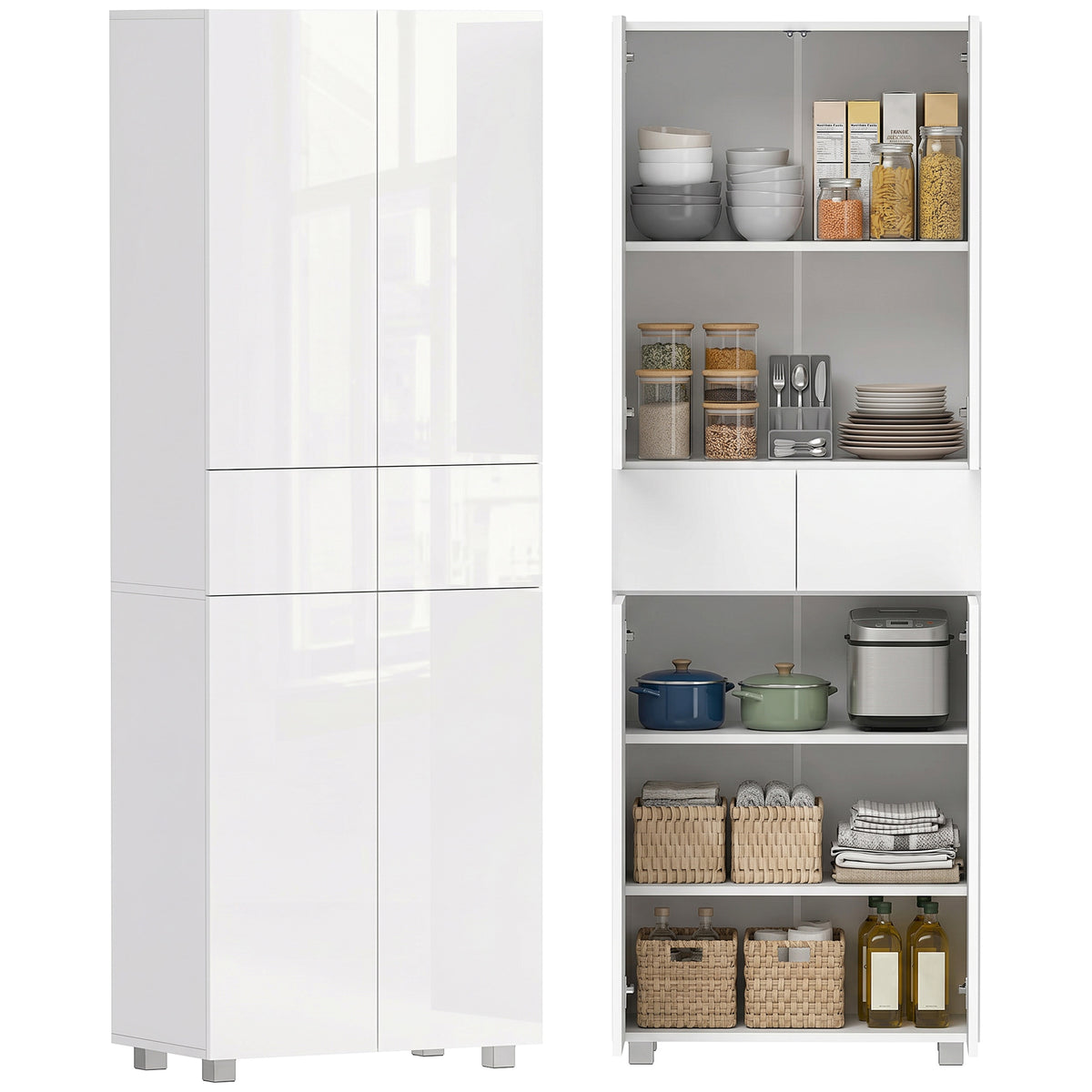 Armoire de cuisine meuble de rangement buffet 4 portes avec étagères réglables - dim. 60L x 35l x 170H cm blanc laqué-0