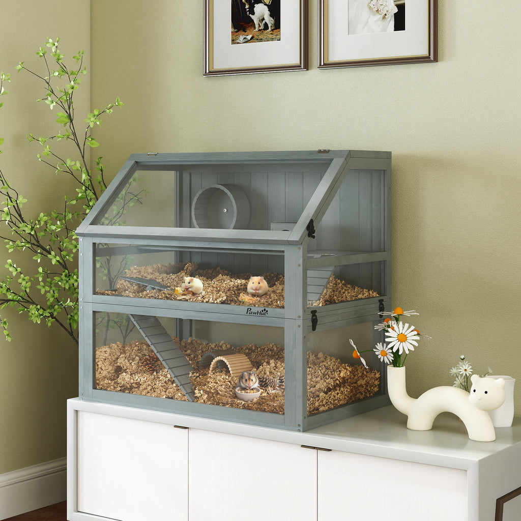 Cage Hamster Rongeur à 3 Niveaux, Base Amovible Profonde, Cabane, Balançoire, 80x50x76cm Gris Clair-1