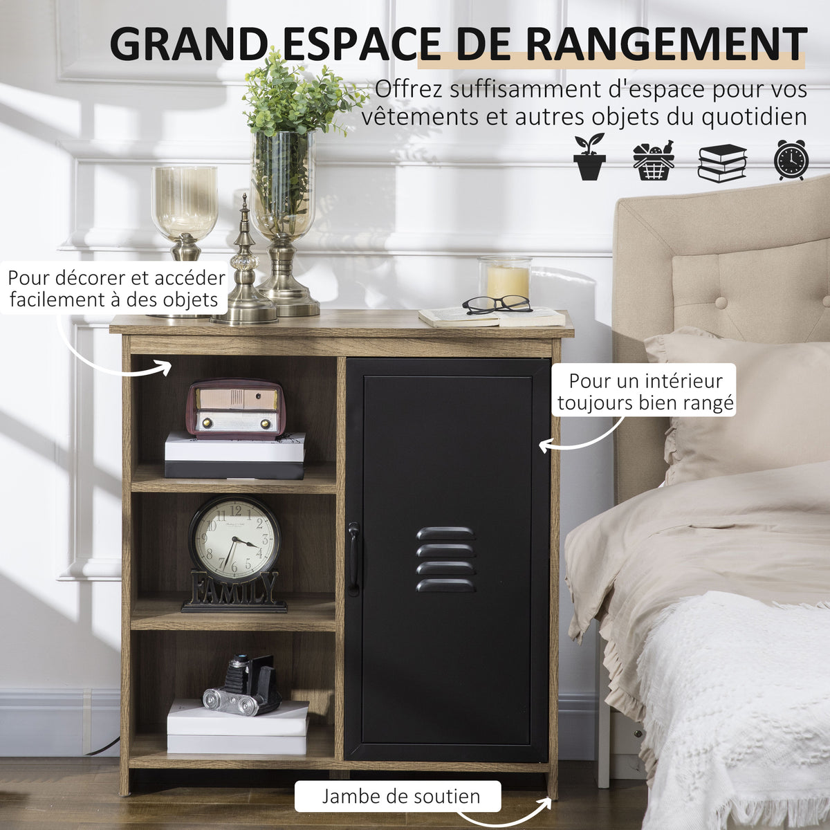 Ensemble Buffet Bibliothèque et Meuble TV Industriel 2 Passe-Fils Multi-rangement Aspect Bois veinage Portes métal Noir-4