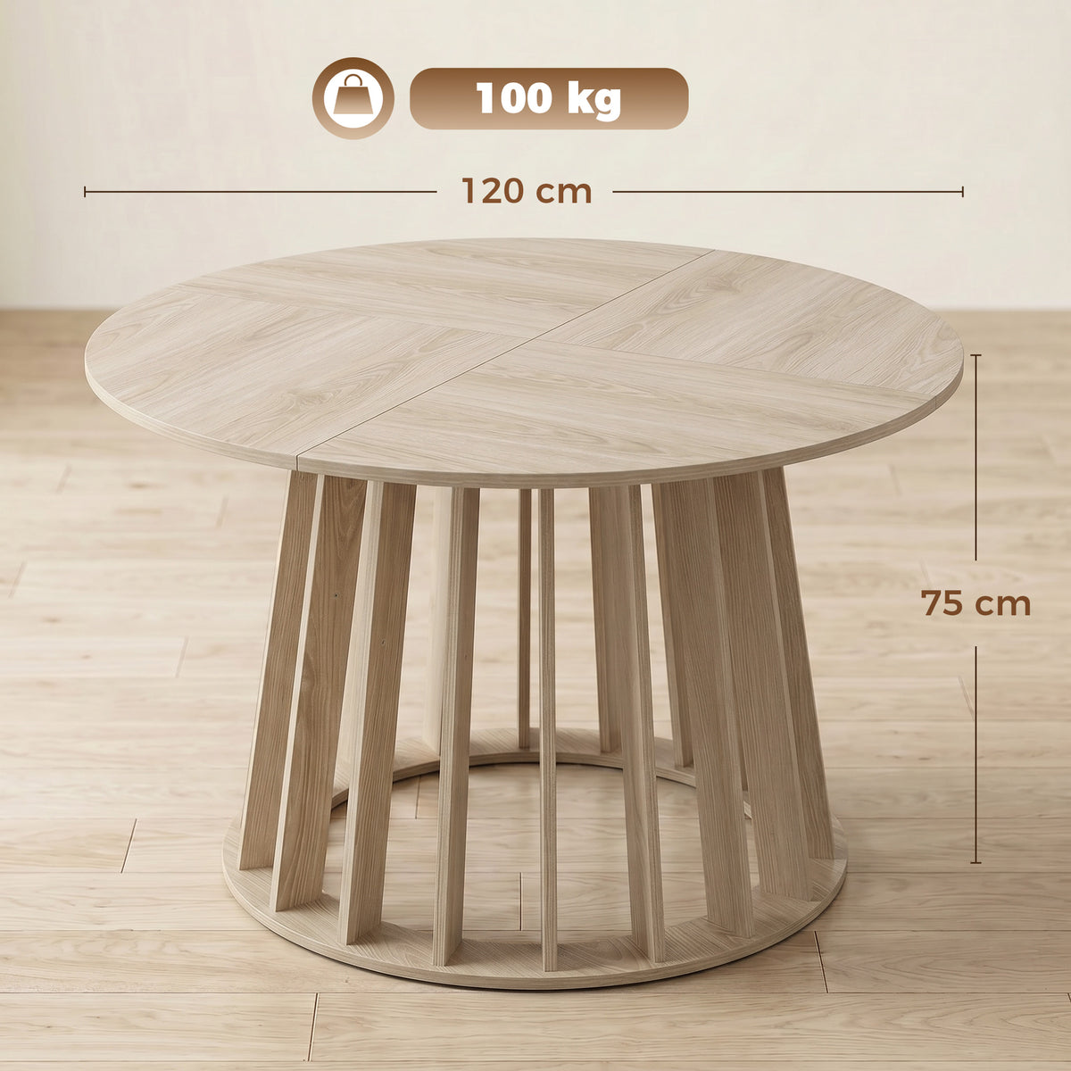 Table à Manger Ronde pour 4 à 6 Personnes, Ø 120 x 75 cm, Table de Cuisine avec Piétement à Lattes Robuste, Bois Naturel-2