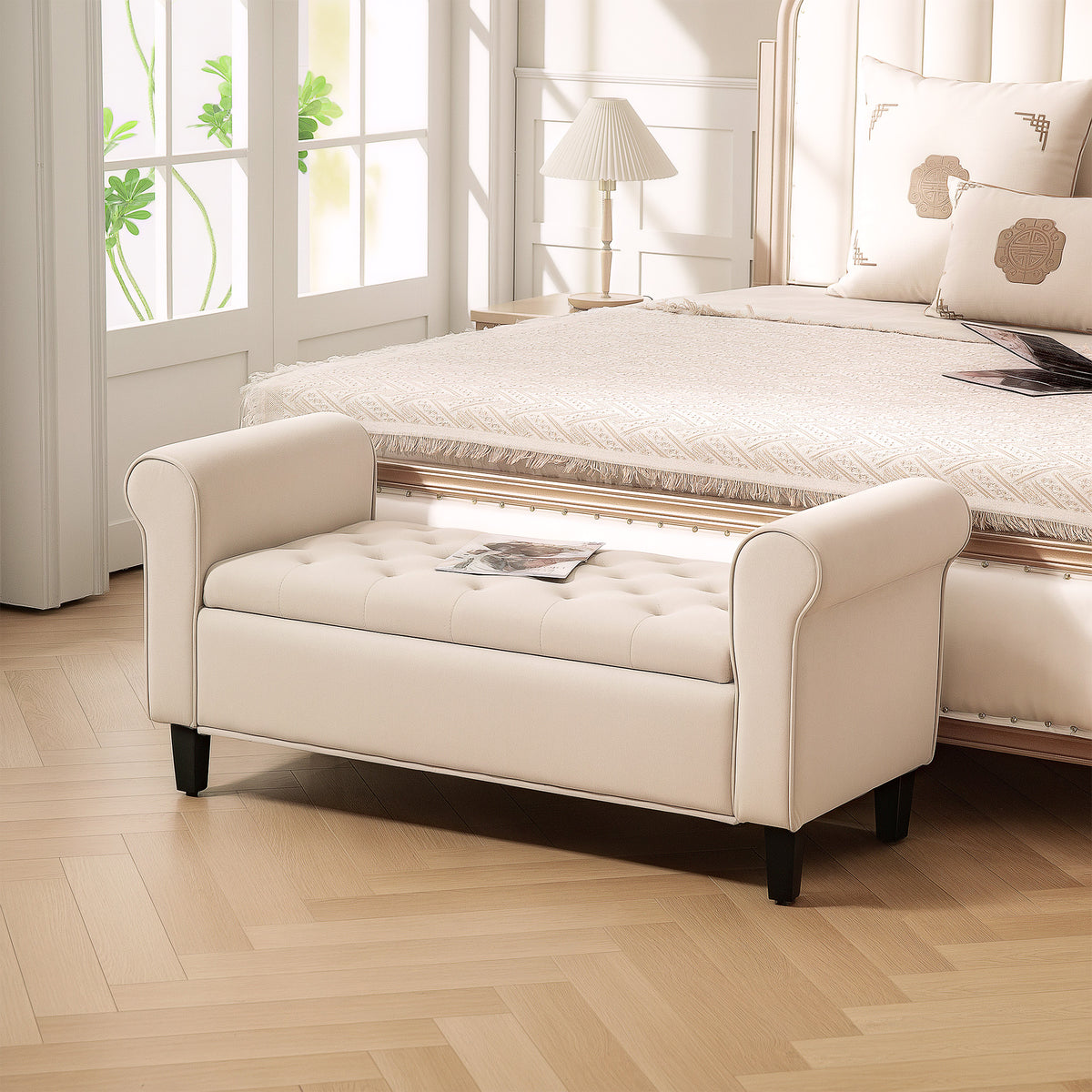 Banc de rangement bout de lit avec accoudoirs, tissu effet velours rembourré et capitonné, 126 x 48,5 x 57 cm, beige-1