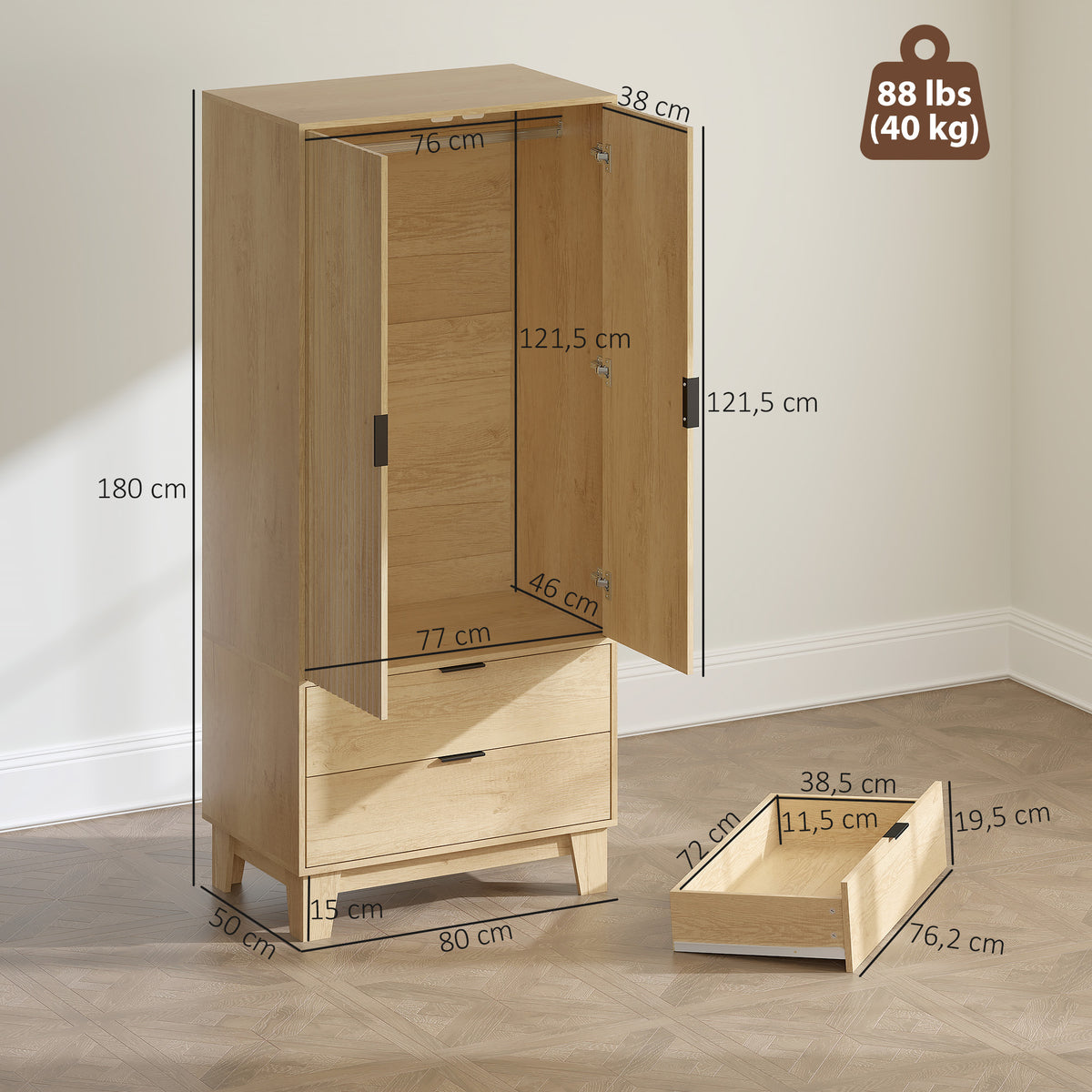 Armoire chambre penderie avec 2 portes à fermeture douce, 2 tiroirs et barre de suspension, 80x50x180cm, bois naturel-2