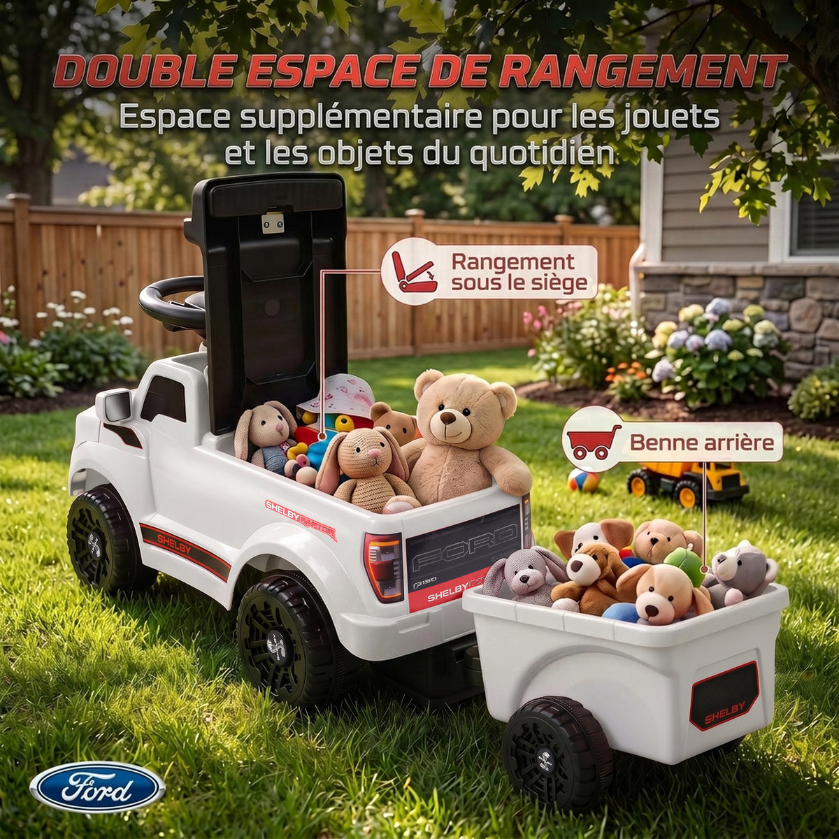Voiture Porteur pour Enfants Shelby, Dossier, Anti-Basculement, Compartiment, 18-72 Mois, 80x25,5x33cm, Blanc-6