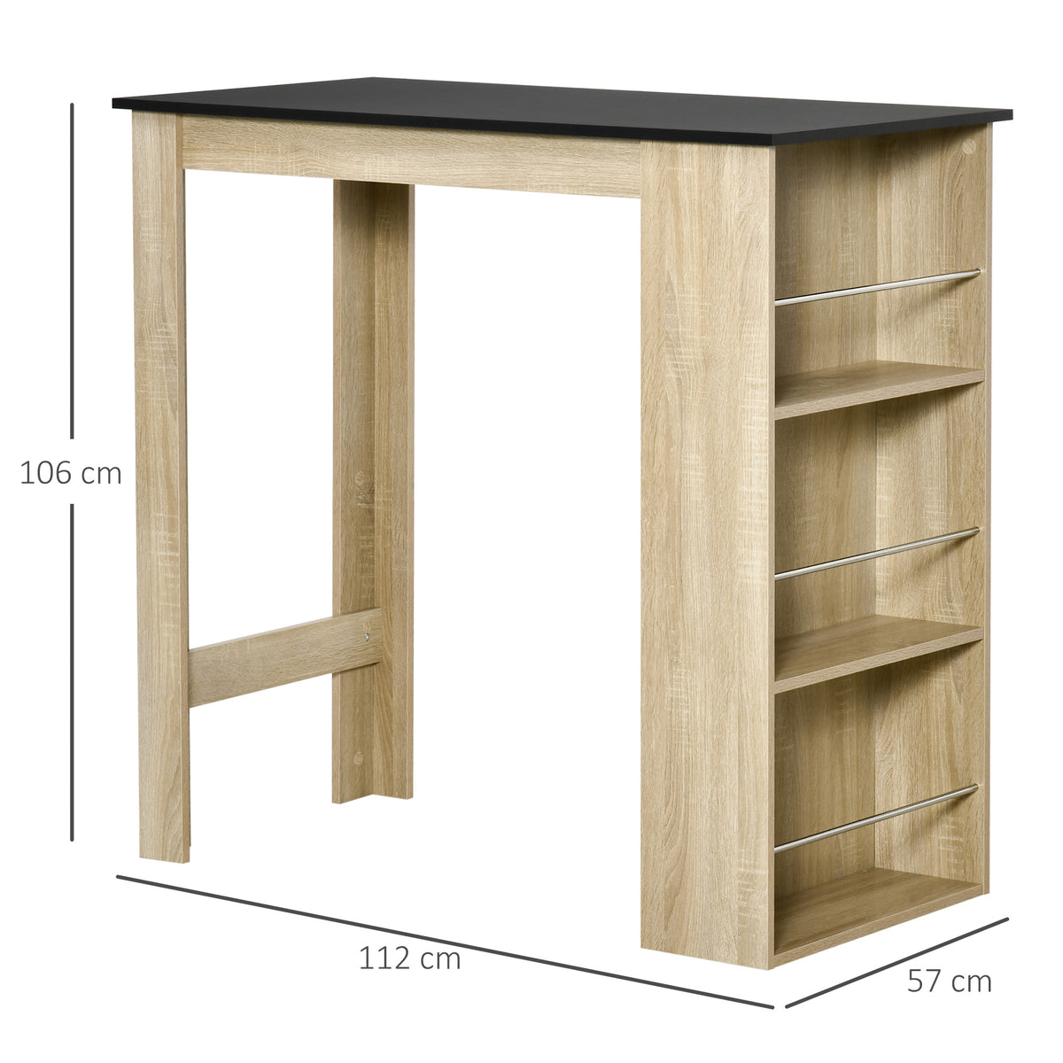 Table de bar table haute de cuisine mange-debout comptoir - dim. 112L x 57l x 106H cm - 3 étagères - aspect chêne clair noir-2