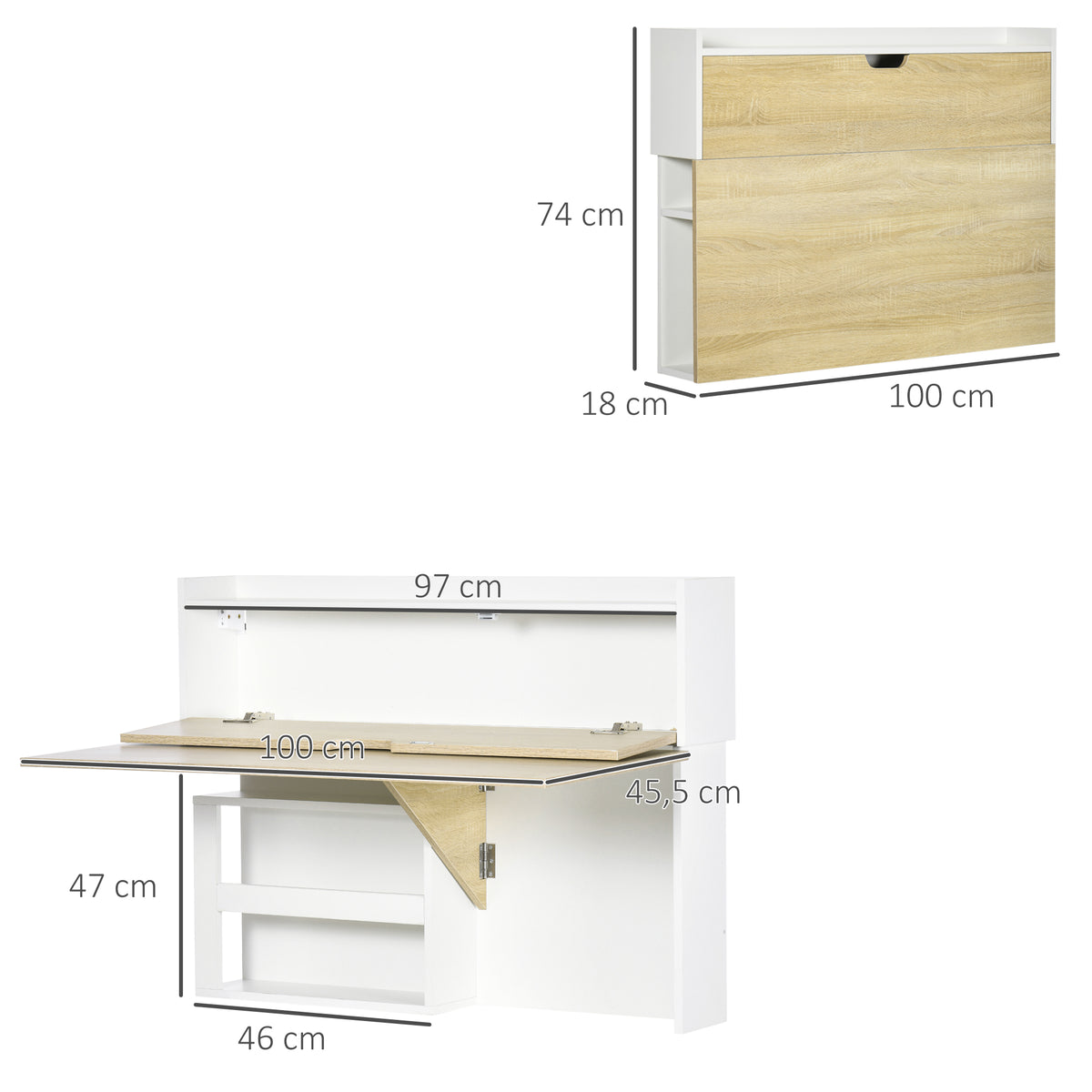 Bureau pliable mural avec étagères de rangement et placard, bureau rabattable, 100 x 18 x 74 cm effet bois naturel-2
