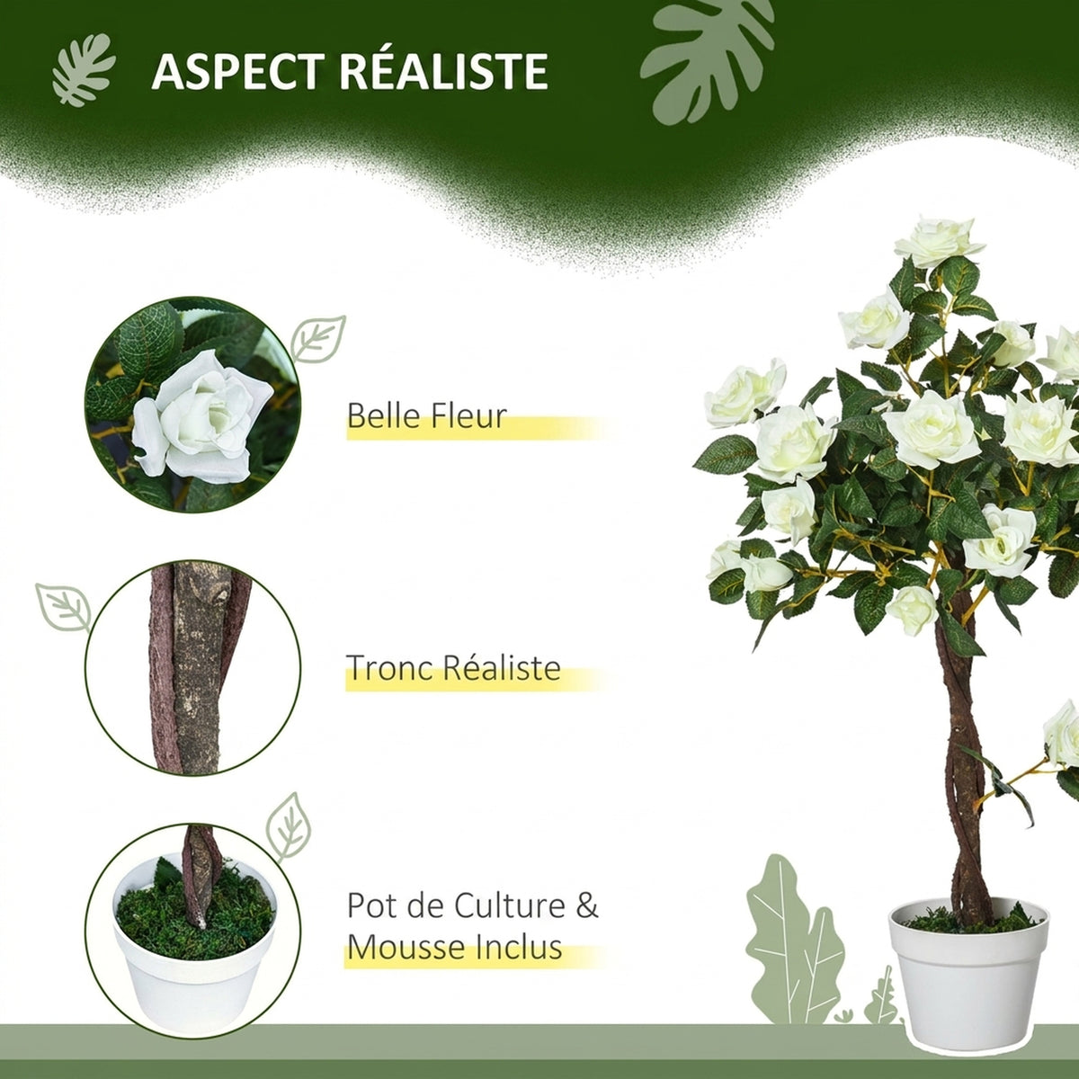 Arbre à Roses Artificiel 90 cm en Plastique, 21 Fleurs, 350 Feuilles en Tissu, Pot, Facile à Entretenir, Blanc-3