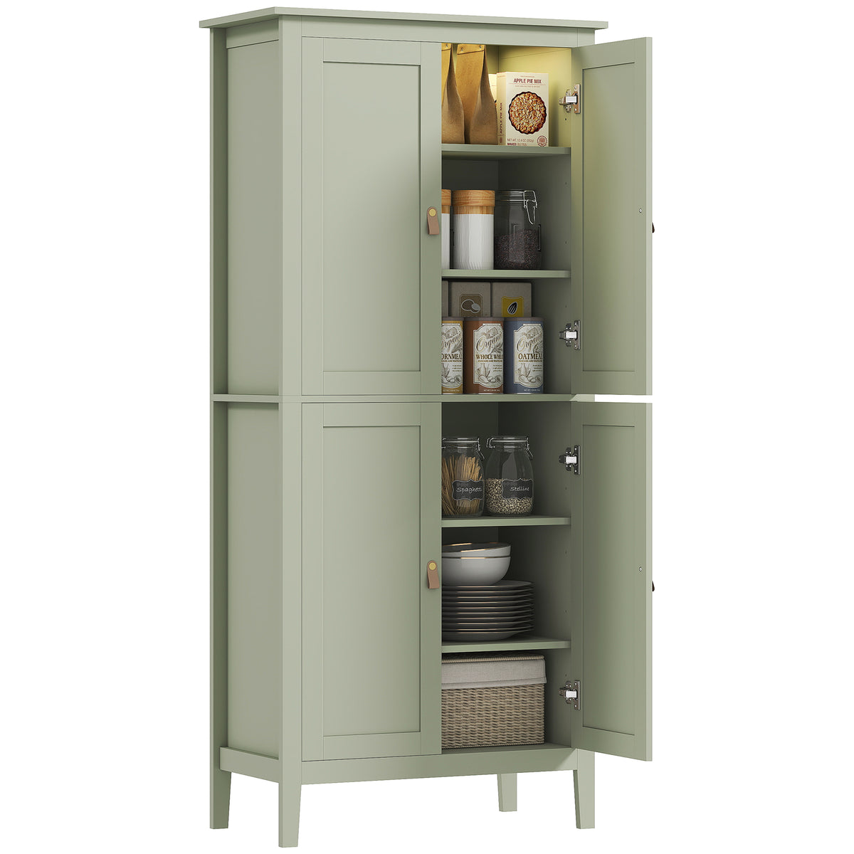 Buffet cuisine, meuble cuisine rangement haut avec LED réglable et détecteur de mouvement, 80 x 40 x 176,5 cm, vert-0