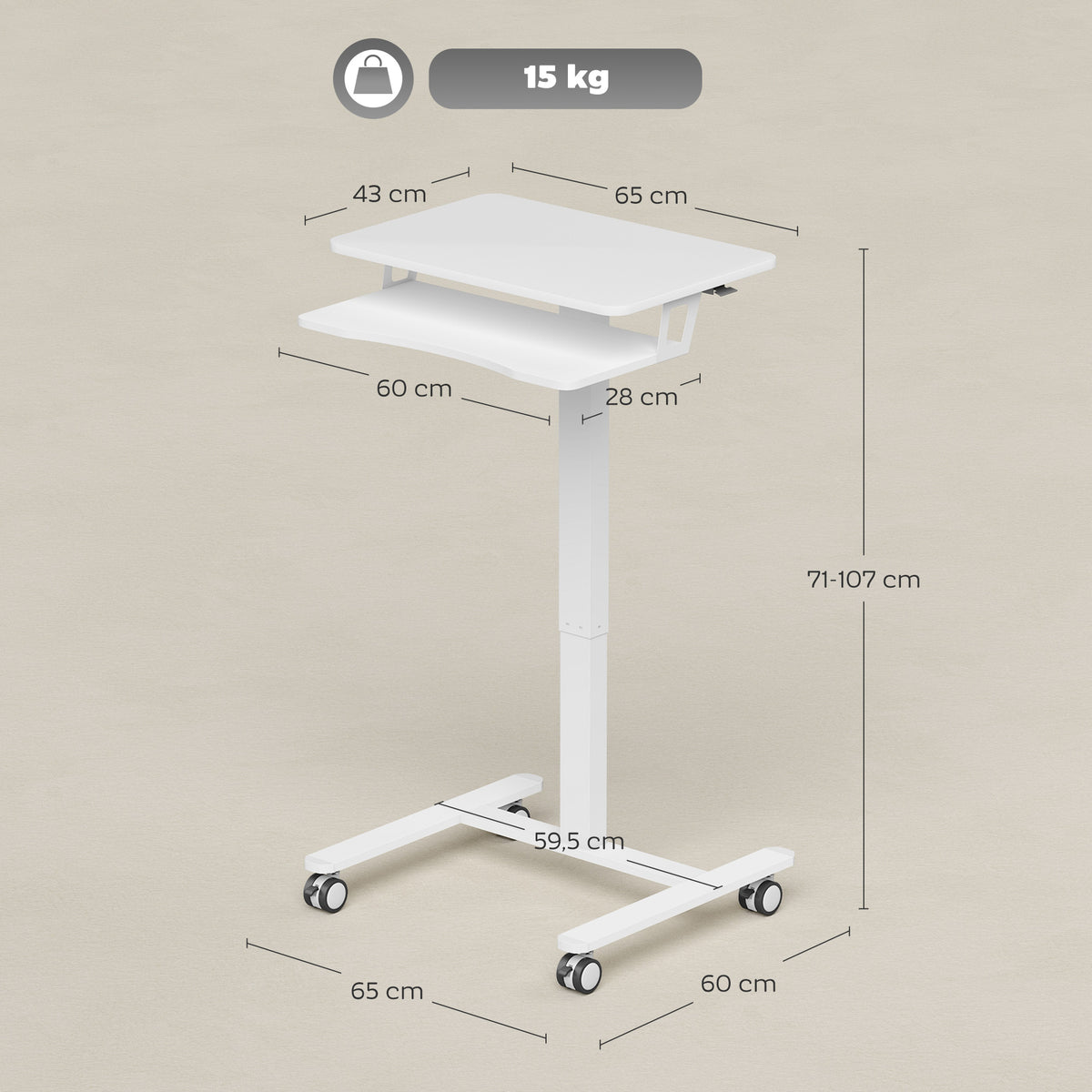 Bureau Assis-Debout Réglable en Hauteur, Bureau Mobile avec Plateau pour Clavier, Roulettes et Cadre en Acier, Blanc-2