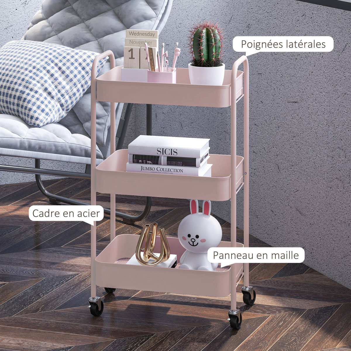 Desserte chariot de rangement en acier chariot de service à roulettes 3 plateaux ajourés 45 x 30,6 x 79 cm rose-5