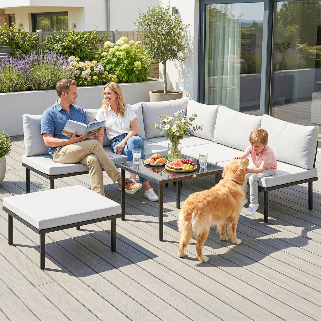Salon de jardin extérieur d'angle modulable 6 personnes, table basse avec plateau en verre trempé, gris clair-8
