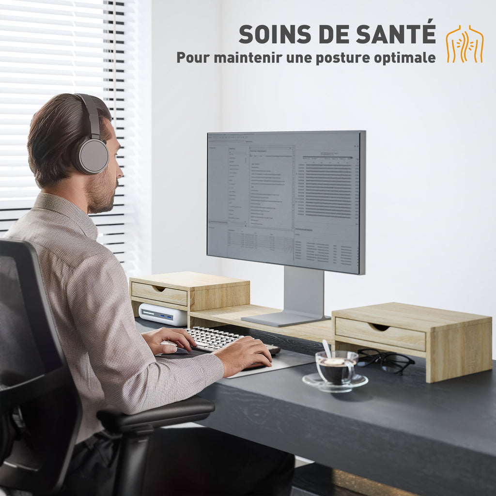 Rehausseur écran PC bureau support d'écran d'ordinateur de 60-116 cm avec 2 tiroirs, longueur et angle réglables-5
