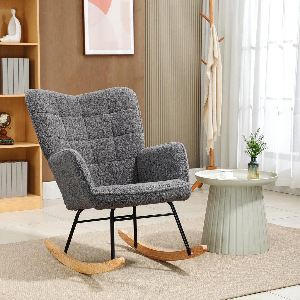 Fauteuil à bascule rocking chair revêtement effet laine bouclée, structure en acier 71 x 98 x 101 cm Gris foncé-1