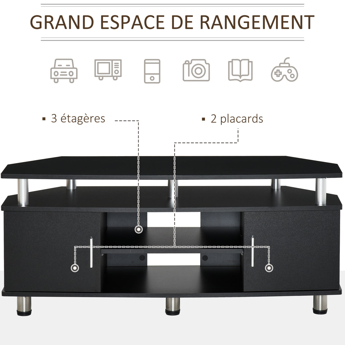 Meuble TV meuble télé bois banc TV pour téléviseur jusqu'à 55 pouces avec grand plateau, placards à portes et-4