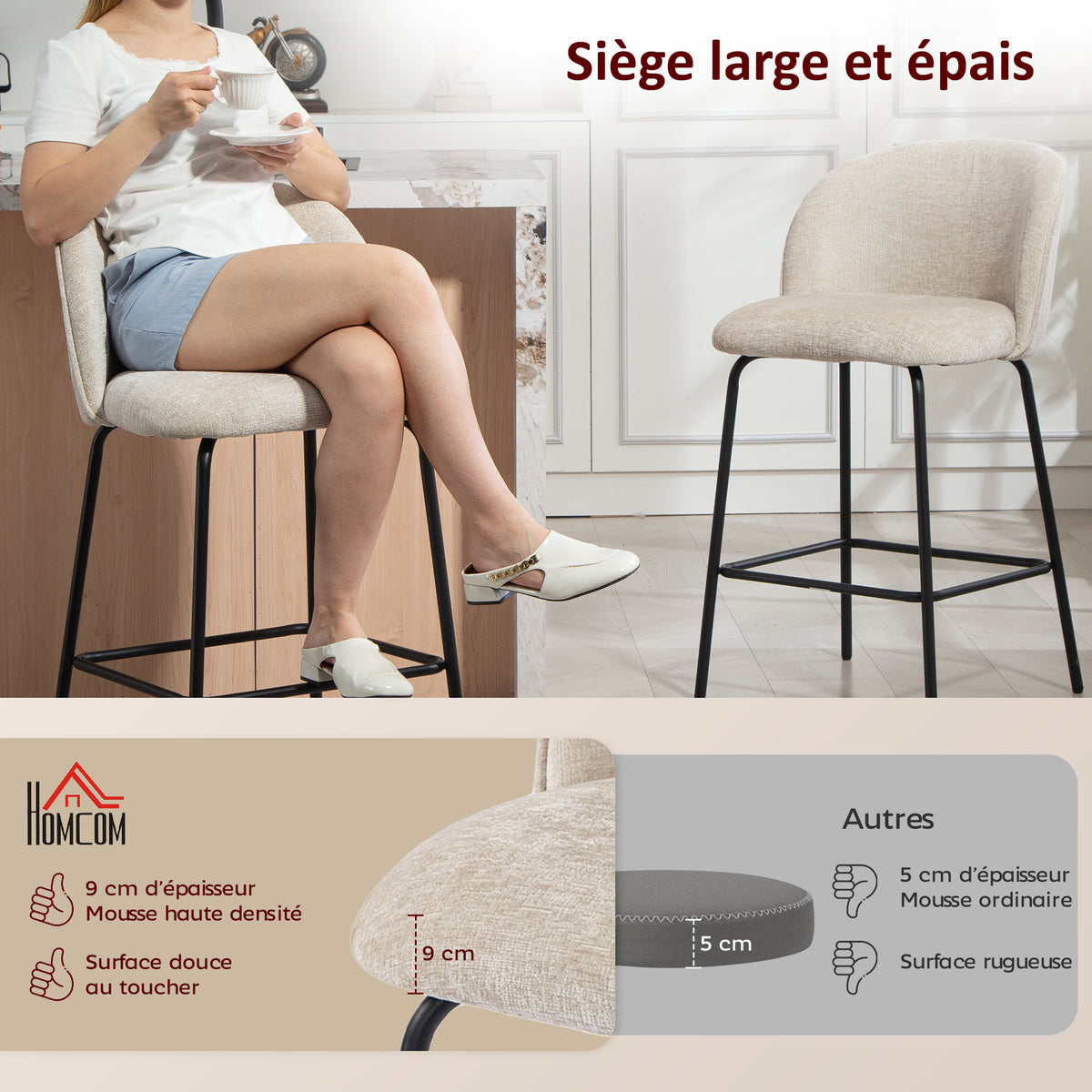 Lot de 2 tabourets de bar, chaises de bar avec repose-pieds et dossier, tissu en chenille, hauteur d'assise 68 cm, beige-3