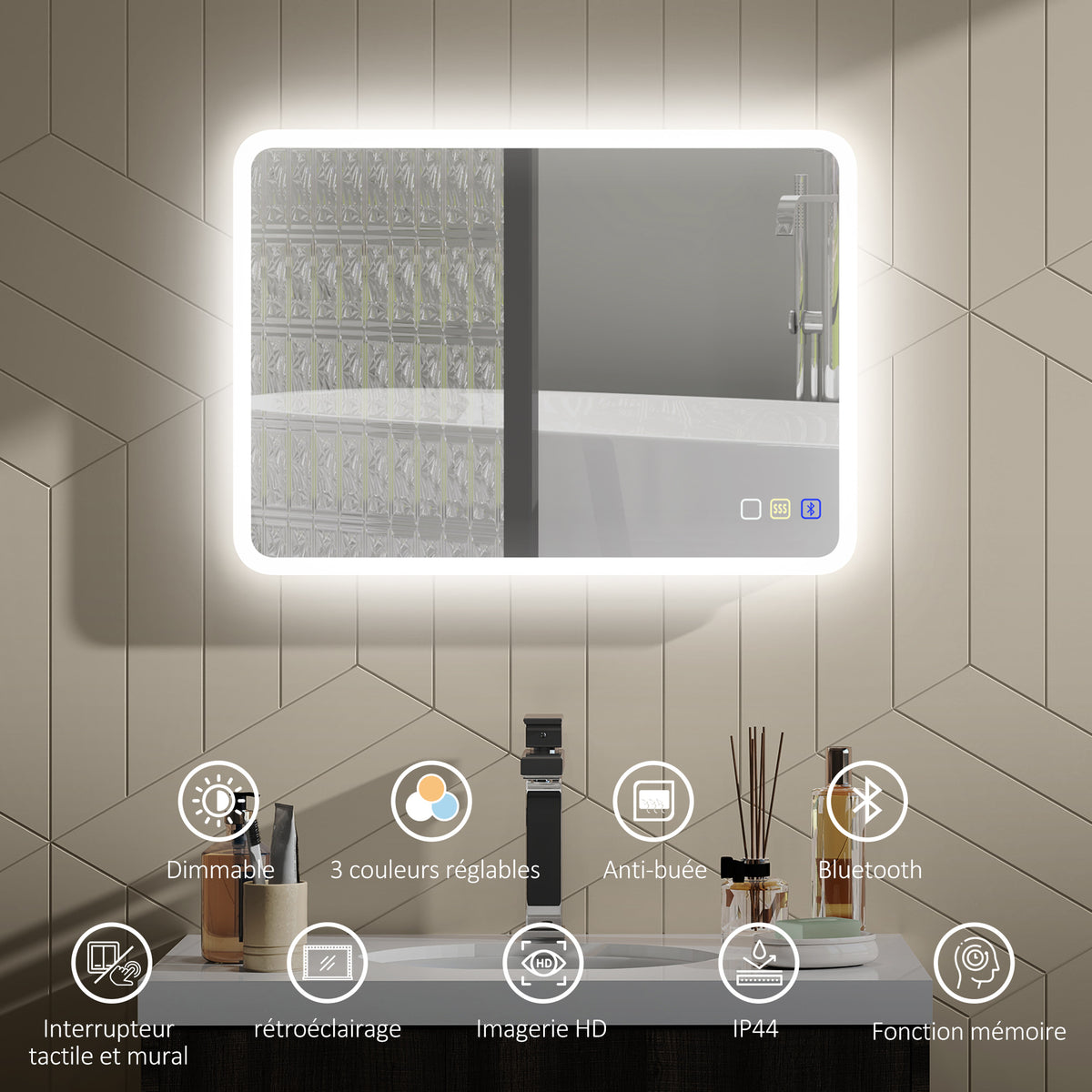 Miroir salle de bain LED bluetooth 50 x 70 cm interrupteur tactile lumière réglable 3 couleurs anti-buée mémoire argent-3