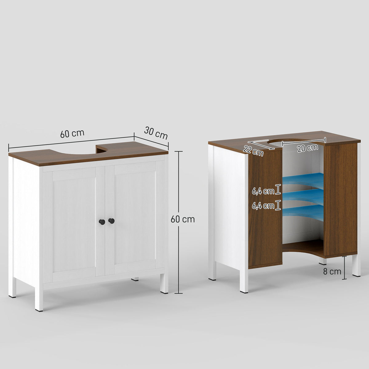 Meuble sous lavabo meuble de salle de bain 2 portes avec étagère 60 x 30 x 60 cm blanc et aspect bois-2