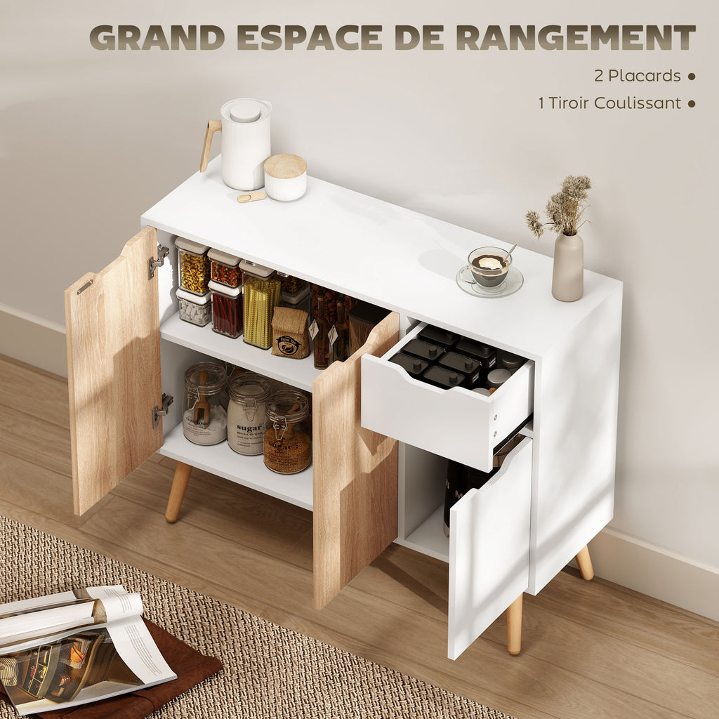 Buffet design scandinave 2 placards tiroir coulissant pieds bois massif pin panneaux particules blanc chêne clair-3