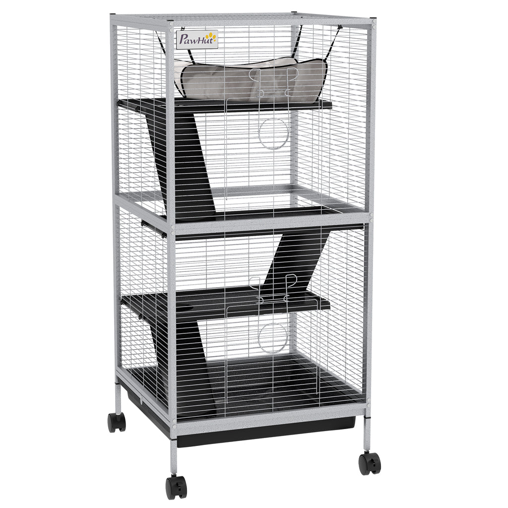Cage pour Petits Animaux Portable à 4 Niveaux avec Roulettes, 2 Portes, 3 Rampes, Hamac et Plateau Amovible-0