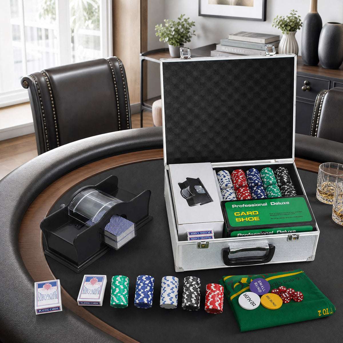 Mallette de Poker Coffret de Poker Complet 300 Jetons, Cartes à Jouer, Dés, Dealer, Tapis, Clés, Boîtier en ABS, Argent-9