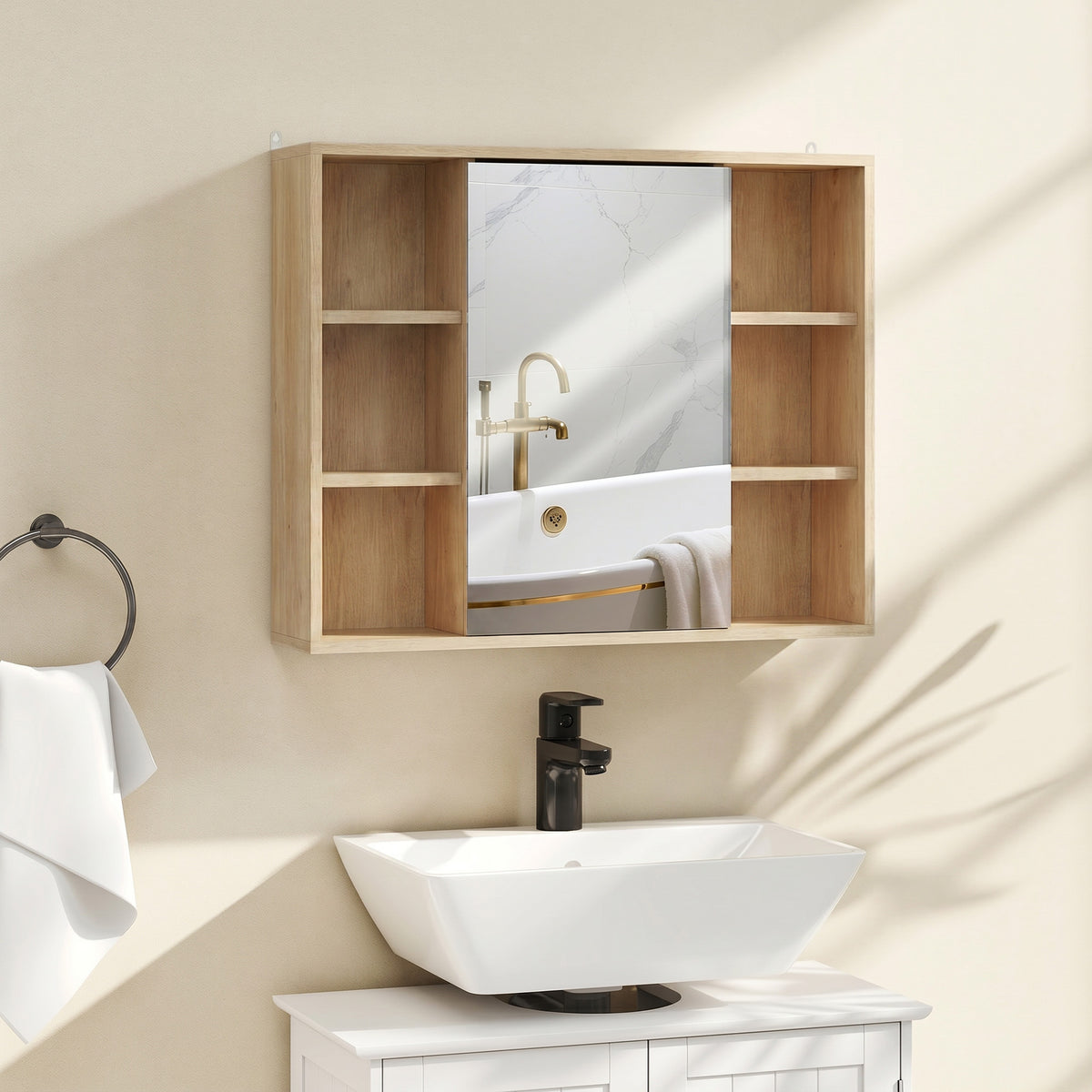Meuble salle de bain avec miroir, placard à portes et 6 compartiments ouverts, 60 x 14,5 x 49,4 cm, bois naturel-1
